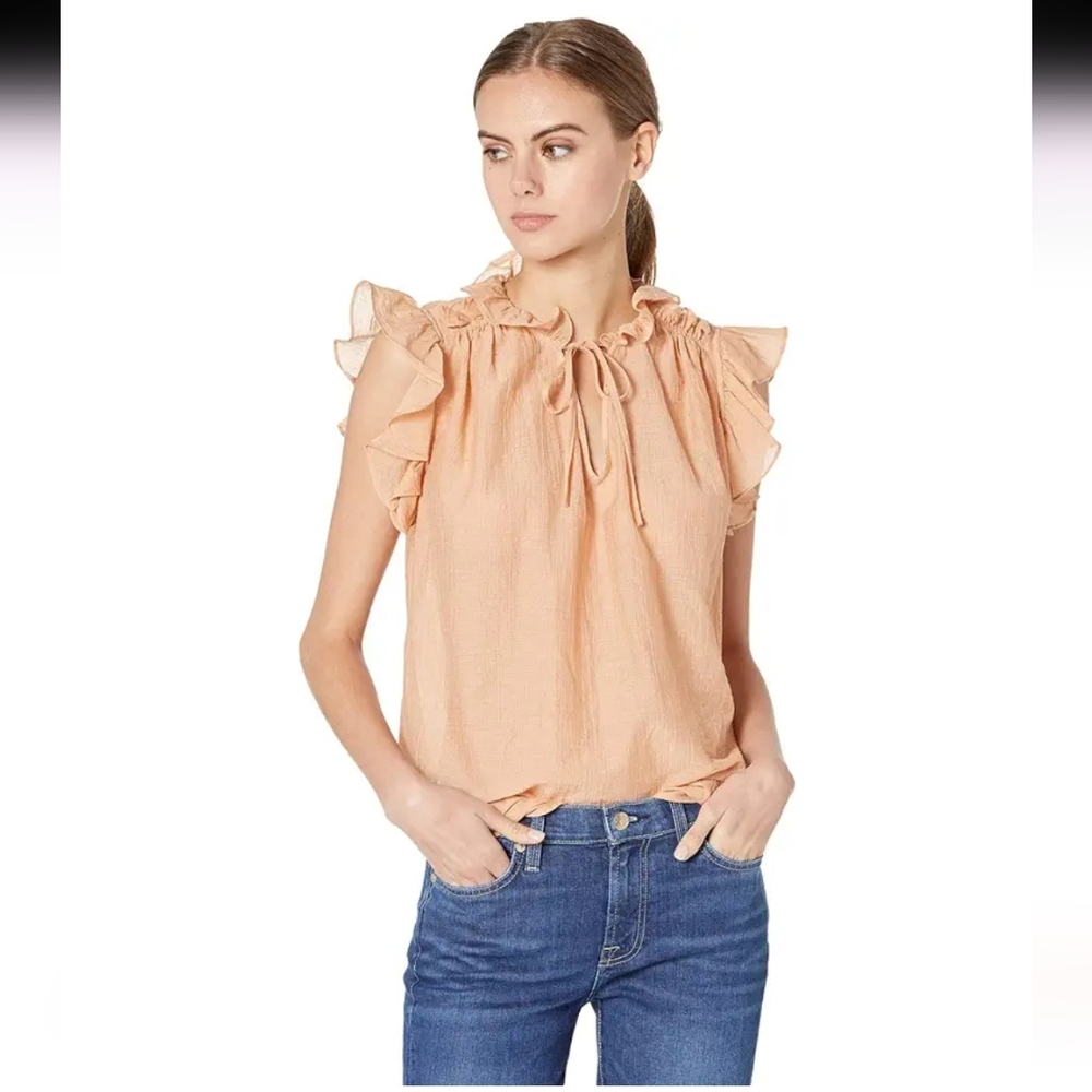 7 for all Mankind Blouse Shirt Top sz S M Tan Cream Ruffles Coquette Neck Tie